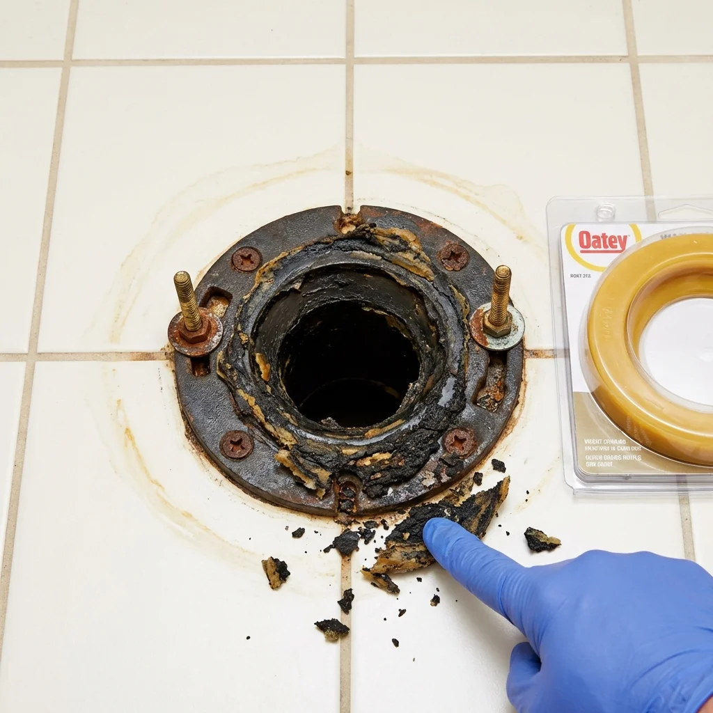 Failed wax ring showing water seepage at the base of a toilet in a Cranbury, NJ home