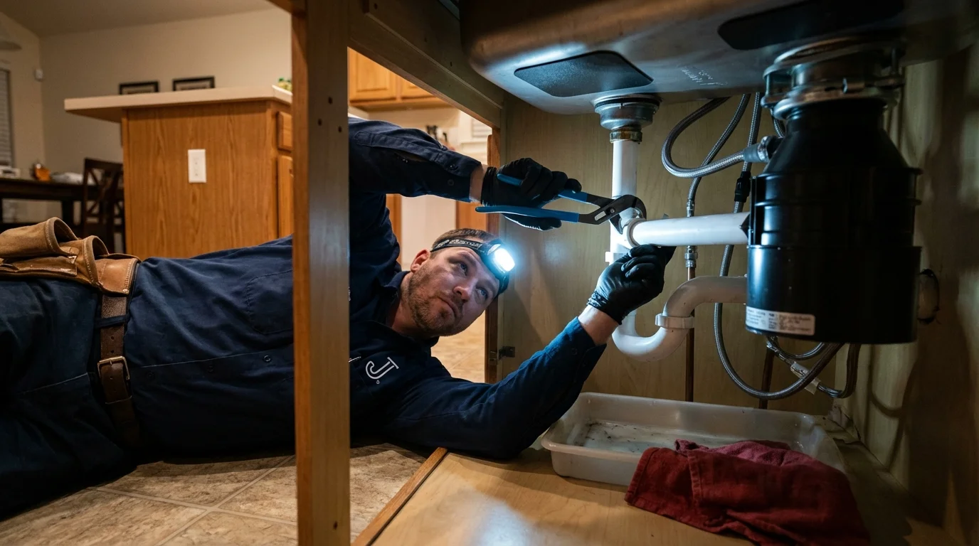 P-trap and supply line connections under a kitchen sink showing a common leak point in Cranbury, NJ